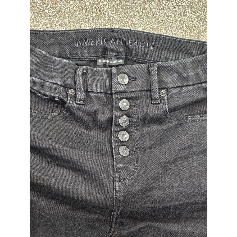 American Eagle Next Level Stretch High Waisted Flare Jeans Black Button Fly 4R - Picture 6 of 16